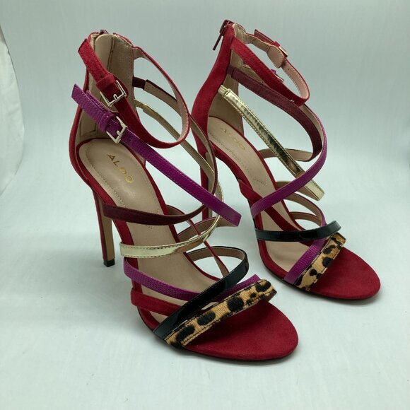 Aldo Women Strappy Back Zip Stiletto Multicolor Reds/Cheetah Leather - Picture 1 of 9